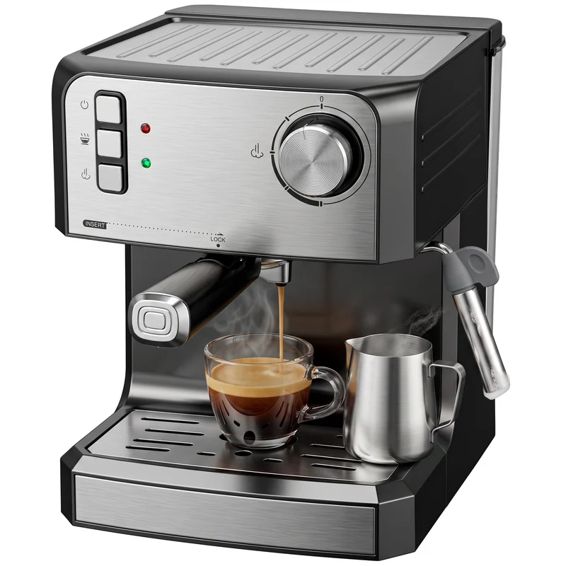Espressomaskine, 20-bar kaffemaskine med mælkeskummer, 1,6-liters vandtank, sort