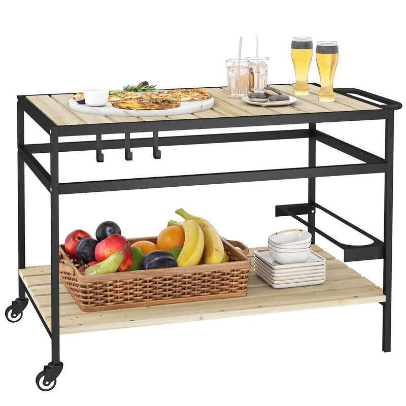 Serveringsvogn i industriel stil, vejrbestandig, 3 kroge, 1 hylde, 107 cm x 65 cm x 80 cm, sort + natur