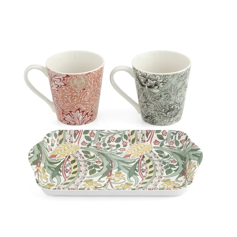 Spode Morris & Co två muggar och bricka Daffodil Apple