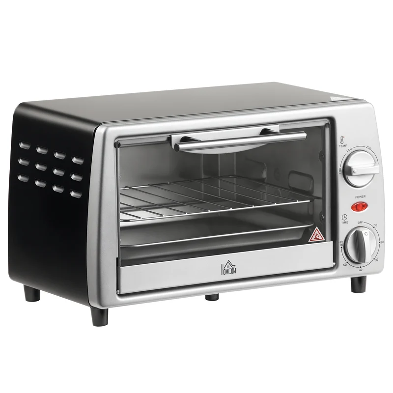 Miniovn 10 L 750W 100-230℃ 60 min timer med bageplade, grillrist og aftagelig bundplade, pizzaovn sølv