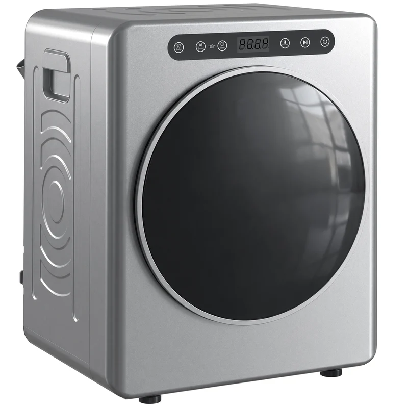5 kg udluftet tørretumbler, 1000W kompakt fritstående frontbetjent tørretumbler med tromle i rustfrit stål, timer, sølv