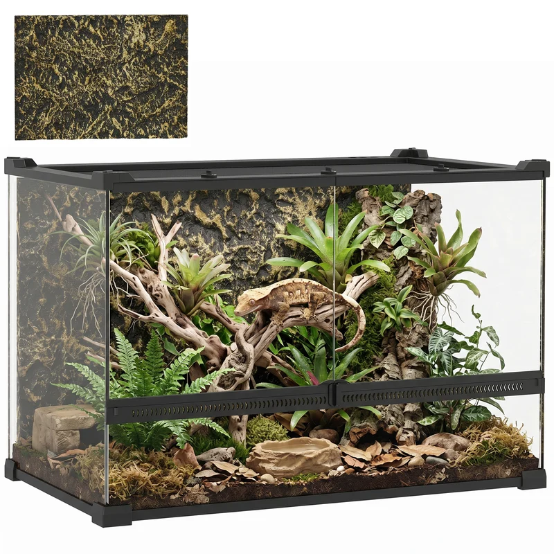 Terrarium til krybdyr, glasterrarium 48L med frontventilation, stenbaggrund, drejelås, 50 x 30 x 35 cm, sort