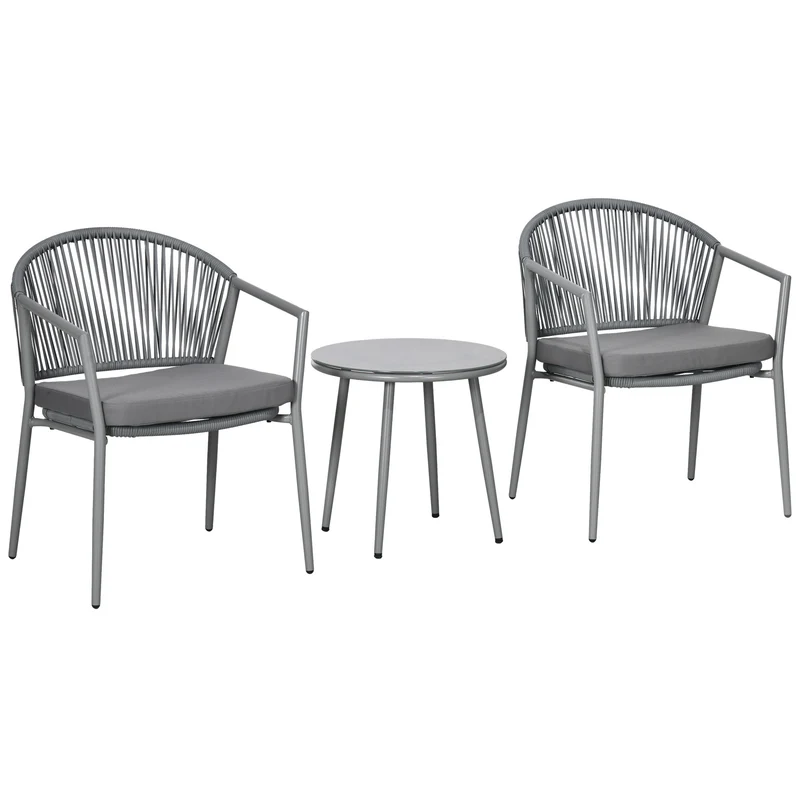 Havemøbelsæt, 2 stole og 1 bord med glasplade, rattan-look, vejrbestandig, metalstel, grå