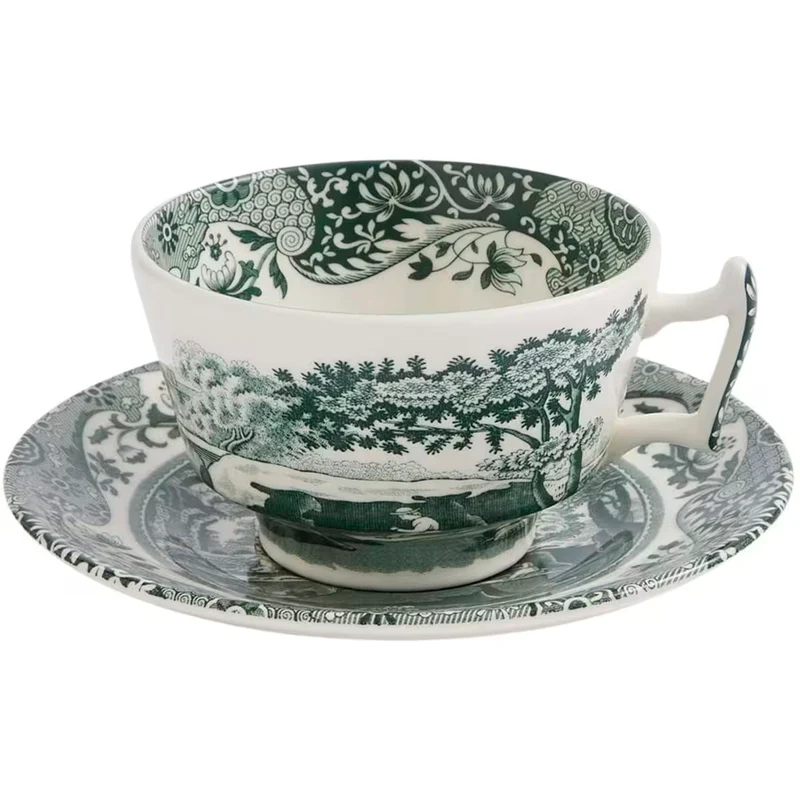 Spode Heritage Green Italian tekopp + fat 20 cl grön/vit