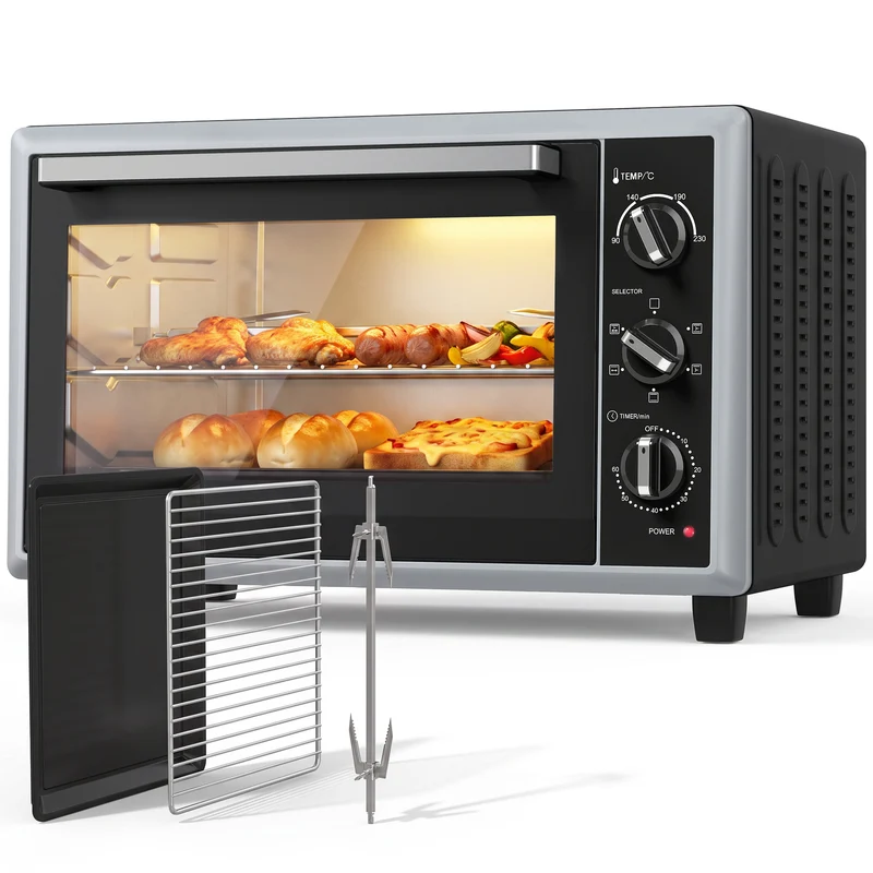 46L miniovn med rotisserie, varmluft, temperaturkontrol og timer, 1800W, sort