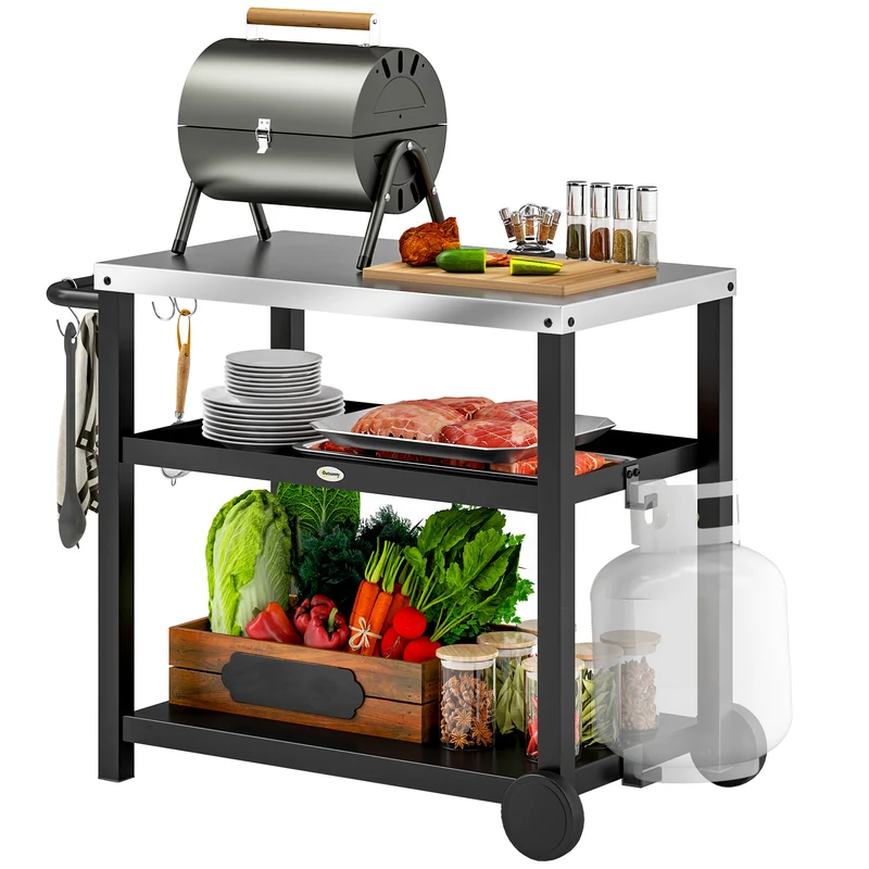 Grillvogn, 3-etagers serveringsvogn med arbejdsflade, hylder, kroge, hjul, rustfrit stål, 102x50x81cm, trækulsgrå