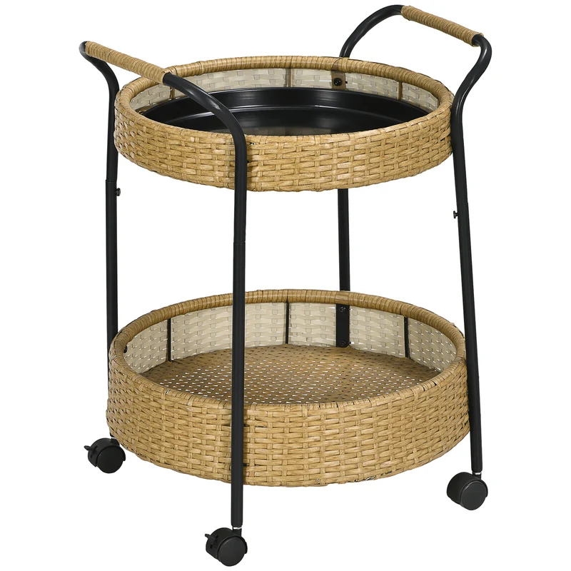 Udendørs serveringsvogn, 2 hylder, bremser, polyrattan, metalstel, Ø50 x 66H cm, gul