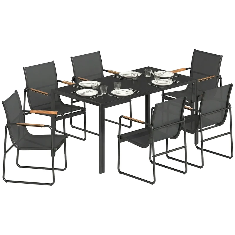 Havemøbelsæt, siddegruppe 150 x 80 cm, glasbord med 6 åndbare stole, dekorative armlæn, sort