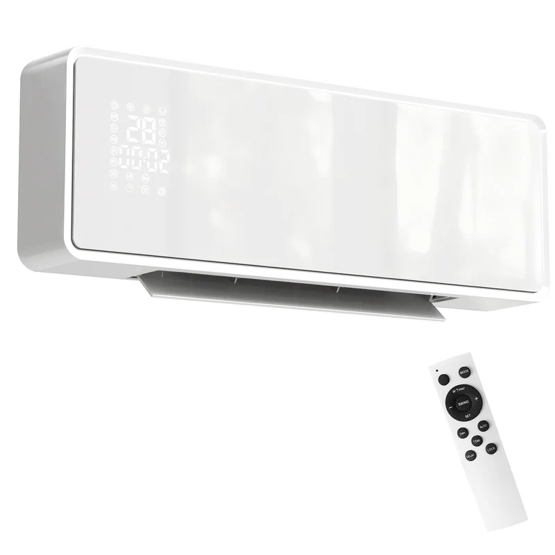 Vægmonteret 2000W keramisk elektrisk varmelegeme, ventilator, termostat, timer, fjernbetjening, glaspanel, hvid