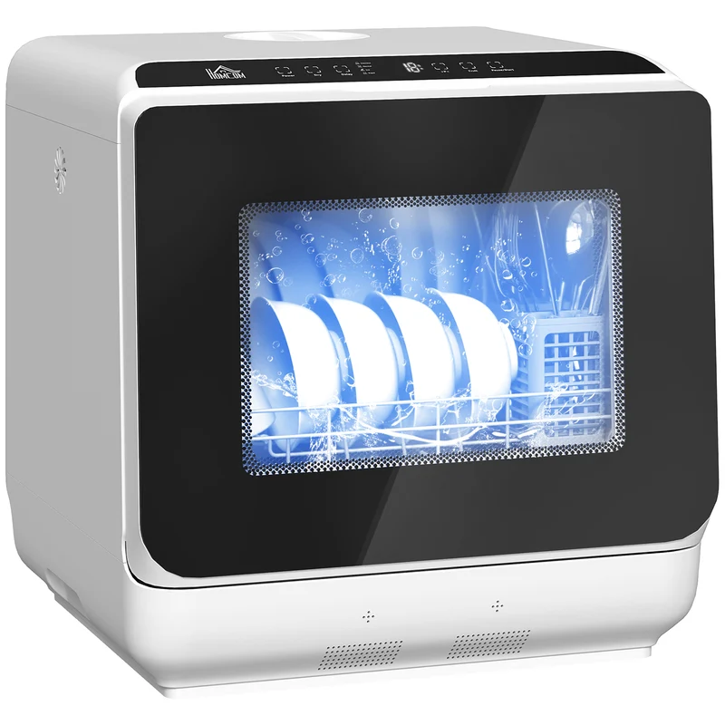 Bordopvaskemaskine, miniopvaskemaskine med 6-liters tank, 5 programmer, LED-display, tørrefunktion, hvid