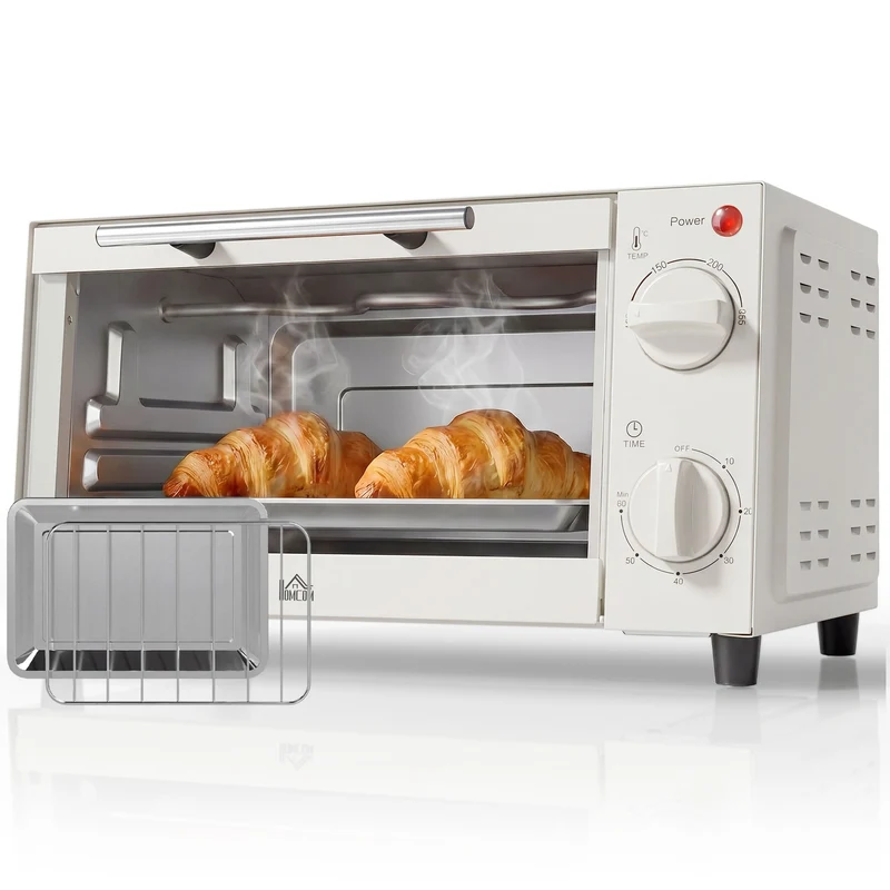 Miniovn, 9 L miniovn med bageplade, grillrist, med justerbar temperatur og tilberedningstid, rustfrit stål, cremehvid