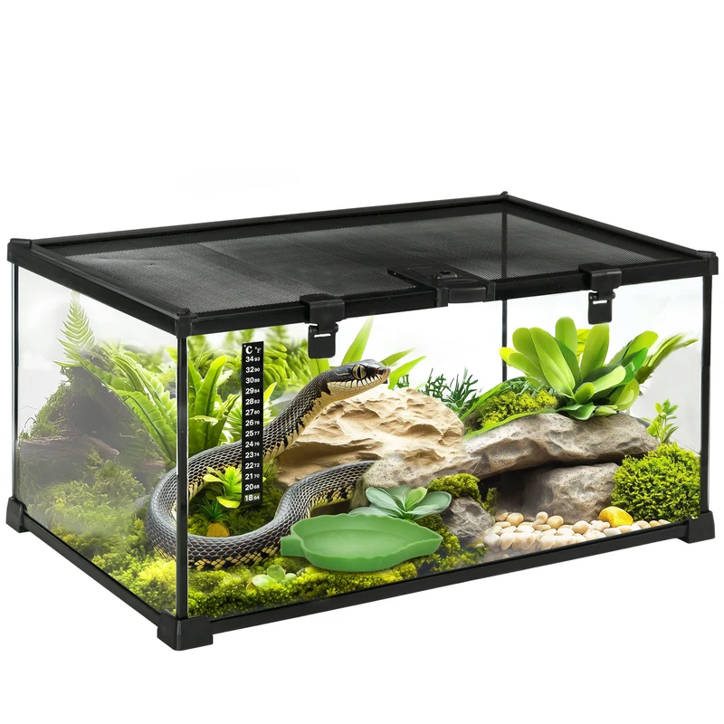 Reptilterrariumkasse, inklusive stribetermometer, foderklapper, 50 cm x 30 cm x 25 cm, glas + metal, sort