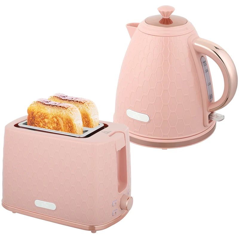 Elkedel- og brødristersæt, 1,7L 2200W hurtigkogende elkedel med automatisk slukning og 2-skivers brødrister med krummebakke, pink