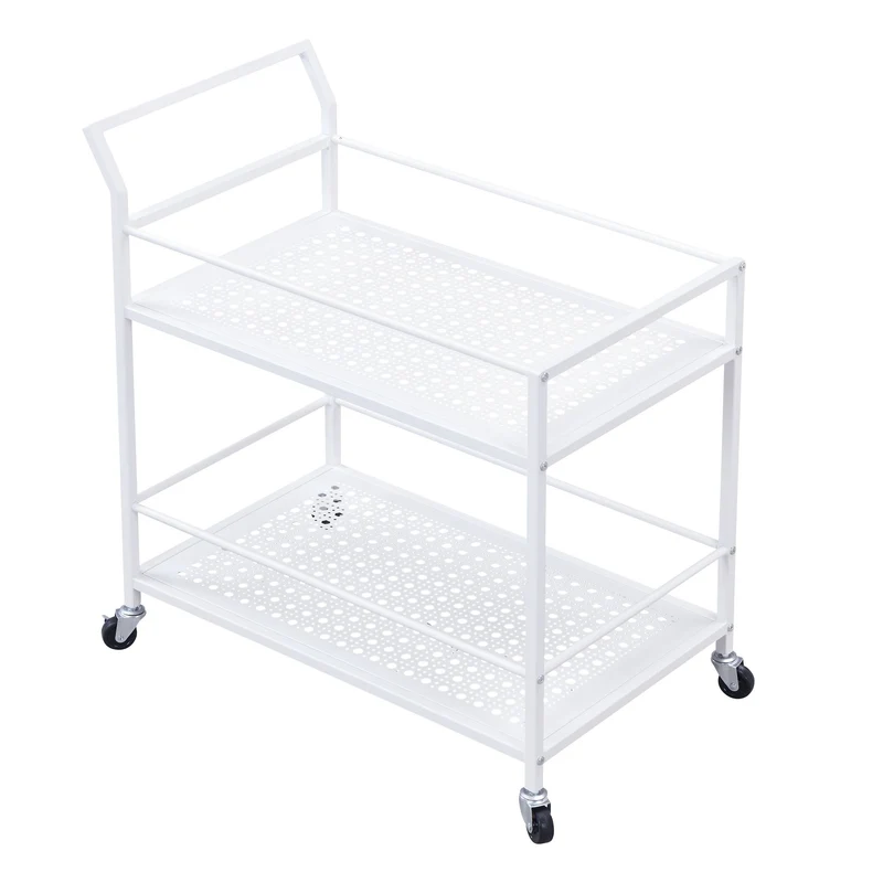 Serveringsvogn i metal, hvid, 79x45x83 cm, med hjul og bremser, køkkenvogn med 2 hylder, barvogn og rullebord, multifunktionel, moderne, sidebord til køkken, spisestue, stue