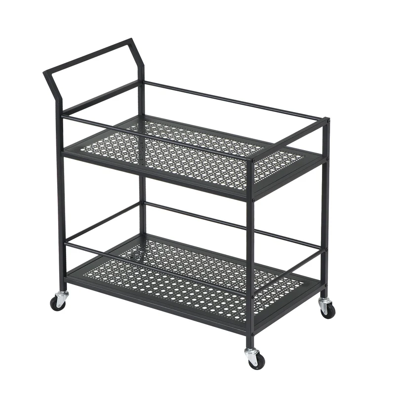 Serveringsvogn i metal, sort, 79x45x83 cm, med hjul og bremser, køkkenvogn i 2 niveauer, barvogn og rullebord, multifunktionel, moderne, sidebord til køkken, spisestue, stue