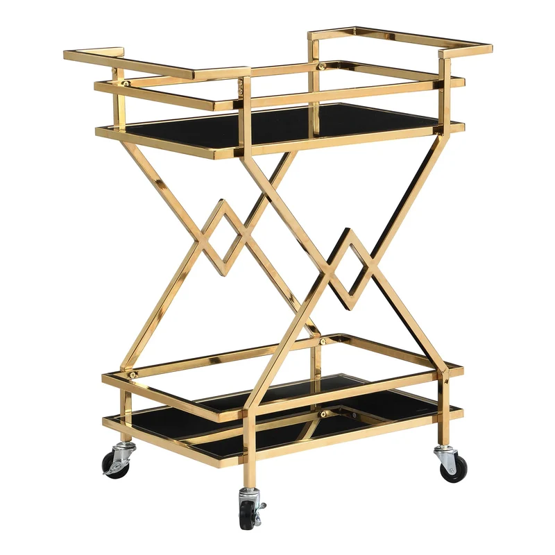 Guld serveringsvogn med glashylder 65x80x40 cm, moderne barvogn på hjul, designer drikkevare- og tevogn, metal, sort og guld, til stue, køkken, spisestue, multifunktionel rullevogn