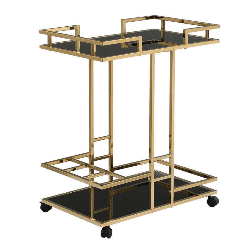 Serveringsvogn i guld med glashylder på hjul, 67,5 x 83,5 x 43 cm, moderne barvogn med flaskeholder, tevogn, drinkvogn til stue, køkken, hjemmebar, multifunktionel rullevogn