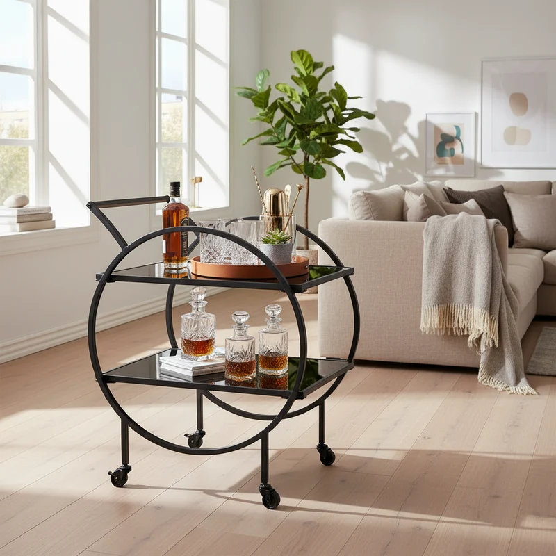 Designer serveringsvogn med hjul og bremser, 2 åbne hylder med sort glas, barvogn, tevogn, multifunktionel rullevogn/køkkenvogn til spisestue, køkken, bar