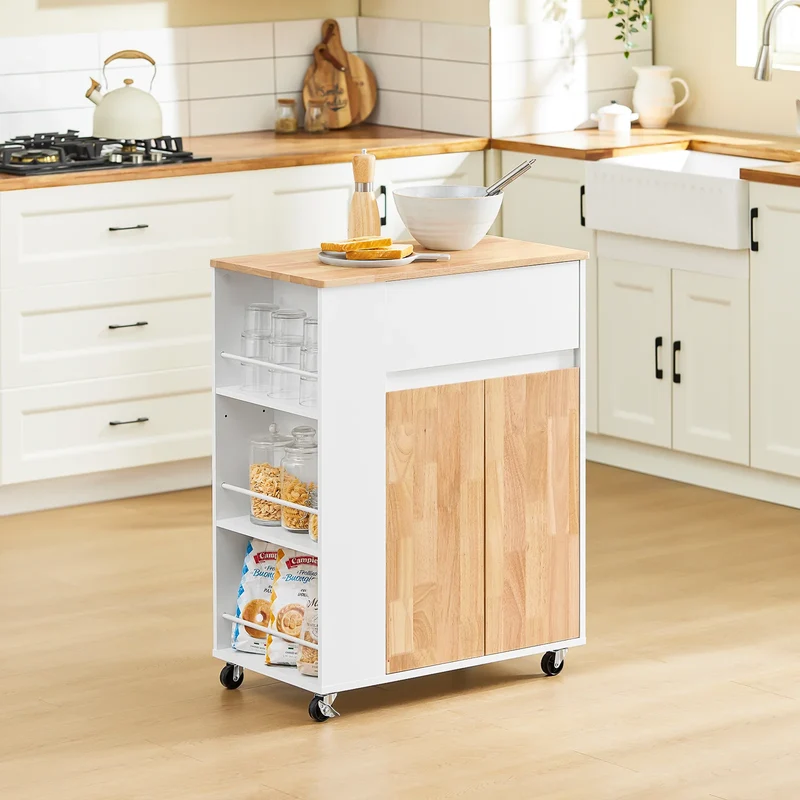 Køkkenvogn på hjul med arbejdsflade i gummitræ – robust og stabil køkkenmøbel, hvid, mål 70 x 40 x 90 cm, lastkapacitet 68 kg.