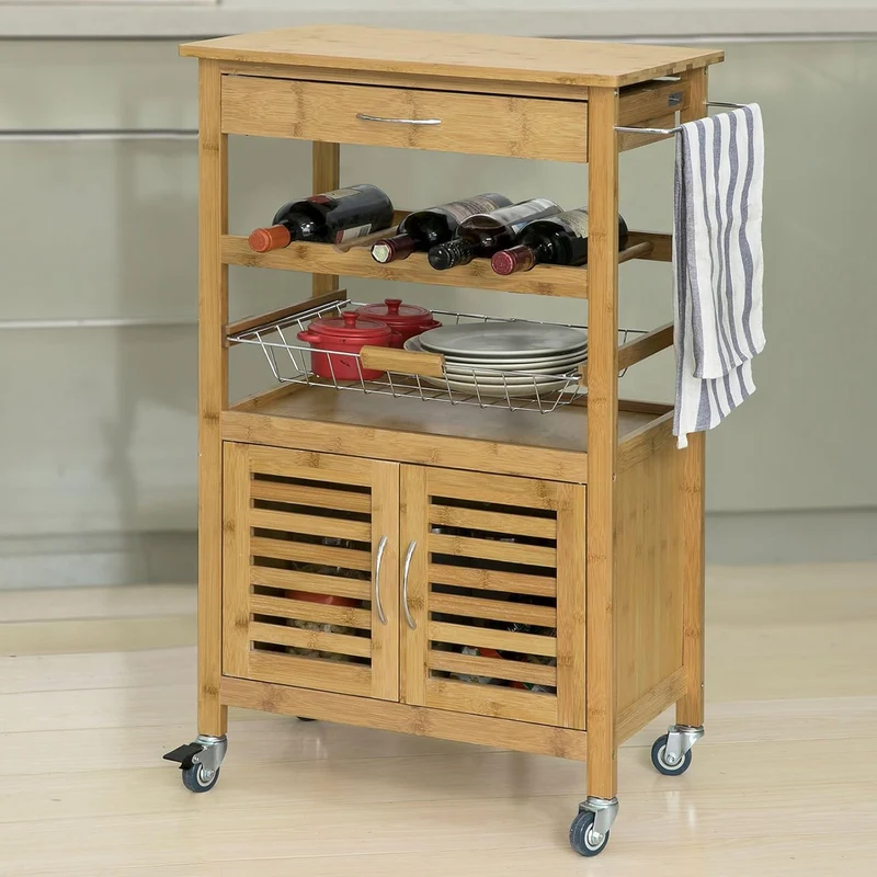 Køkkenvogn i bambus med vinreol, B56 x D36 x H92 cm, naturfarvet