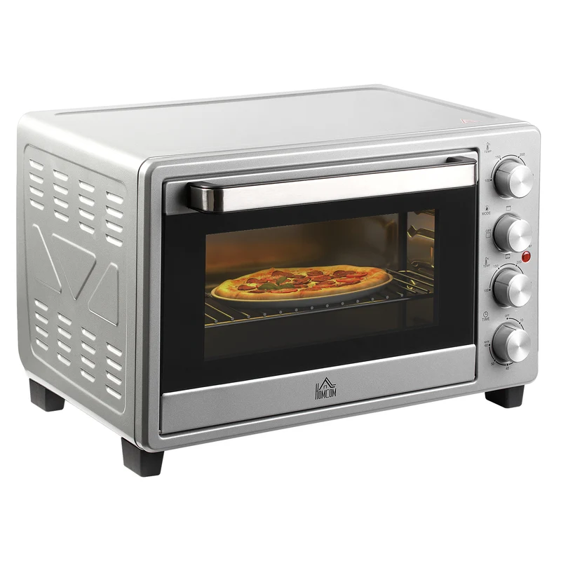 Miniovn 32l 100°c-230°c 1600 w miniovn med bageplade krummebakke grillrist og 3 tilberedningstilstande pizzaovn med timer bagepladehåndtag rustfrit stål sølv