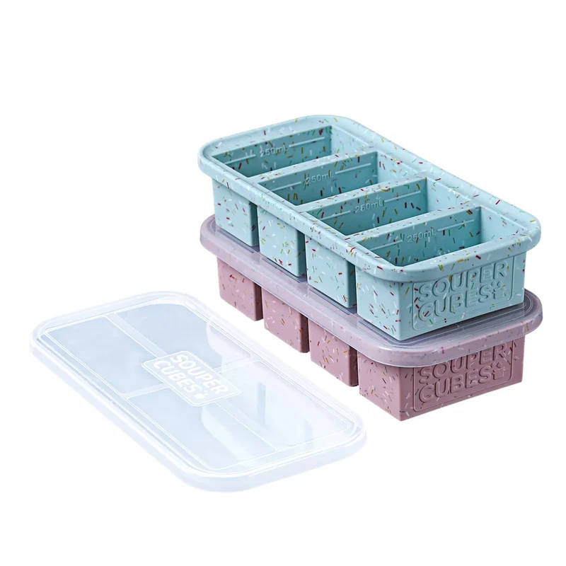 Souper Cubes Frysform i Silikon med Lock 4x250 ml 2-pack Blå/Röd
