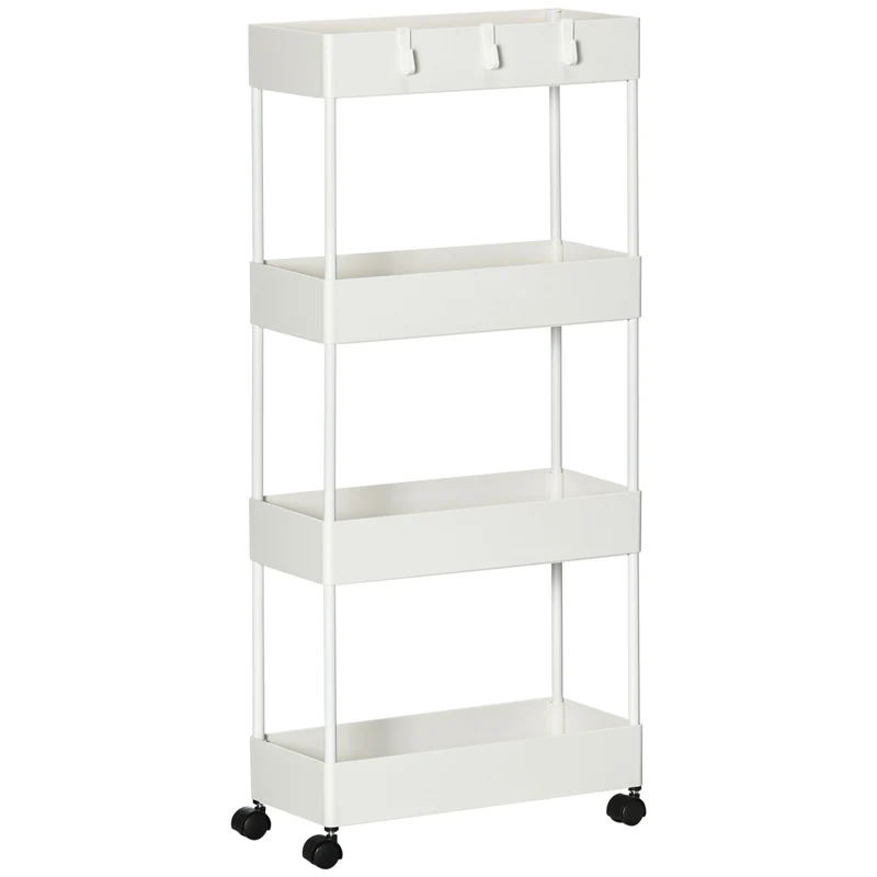 Køkkenvogn med 4 hylder, 4 fleksible kroge, 4 hjul, 40 cm x 19 cm x 90 cm, nichevogn, hvid