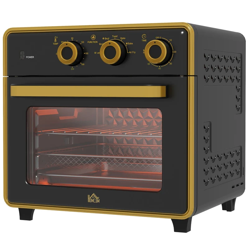 Miniovn, 20 liter, oliefri stegning, grillning, bagning, konvektion, 90-230° c, timer, 1400w, sort+guld