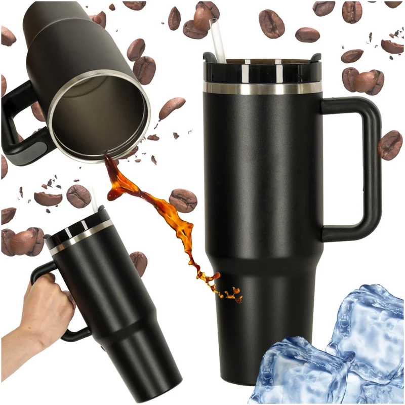 Termokrus med sugerør og hank termokande 1200ml sort