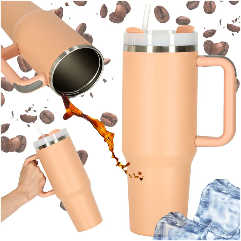 Termokrus med sugerør og hank termokande 1200ml pudderrosa
