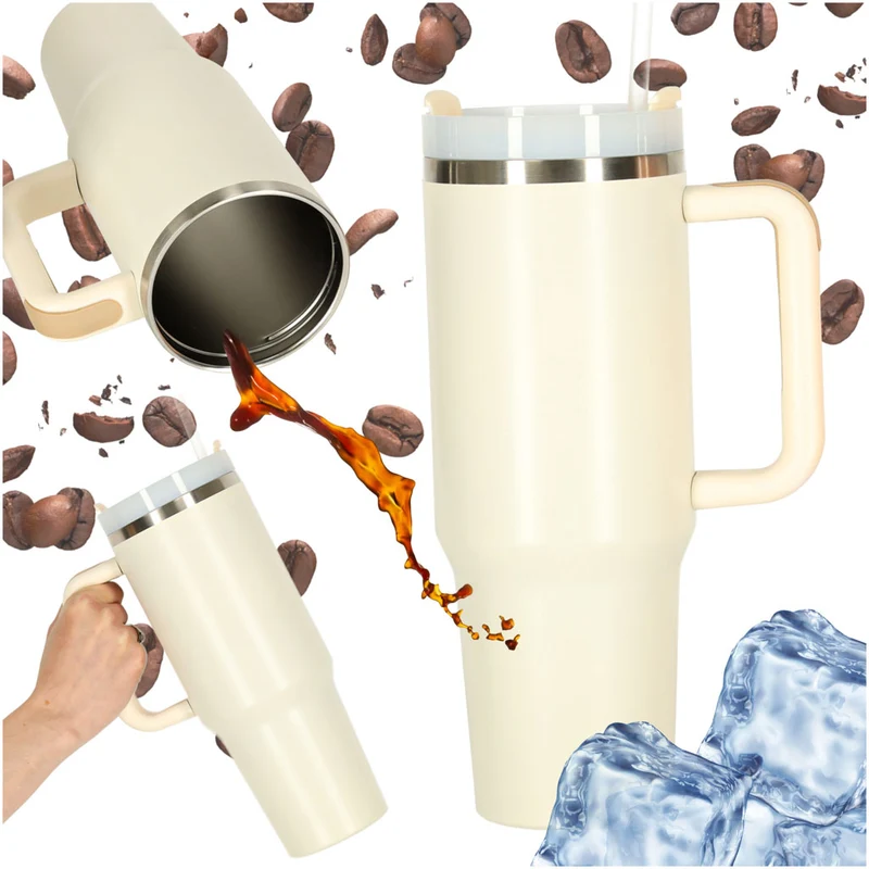 Termokrus med sugerør og hank termokande 1200ml creme