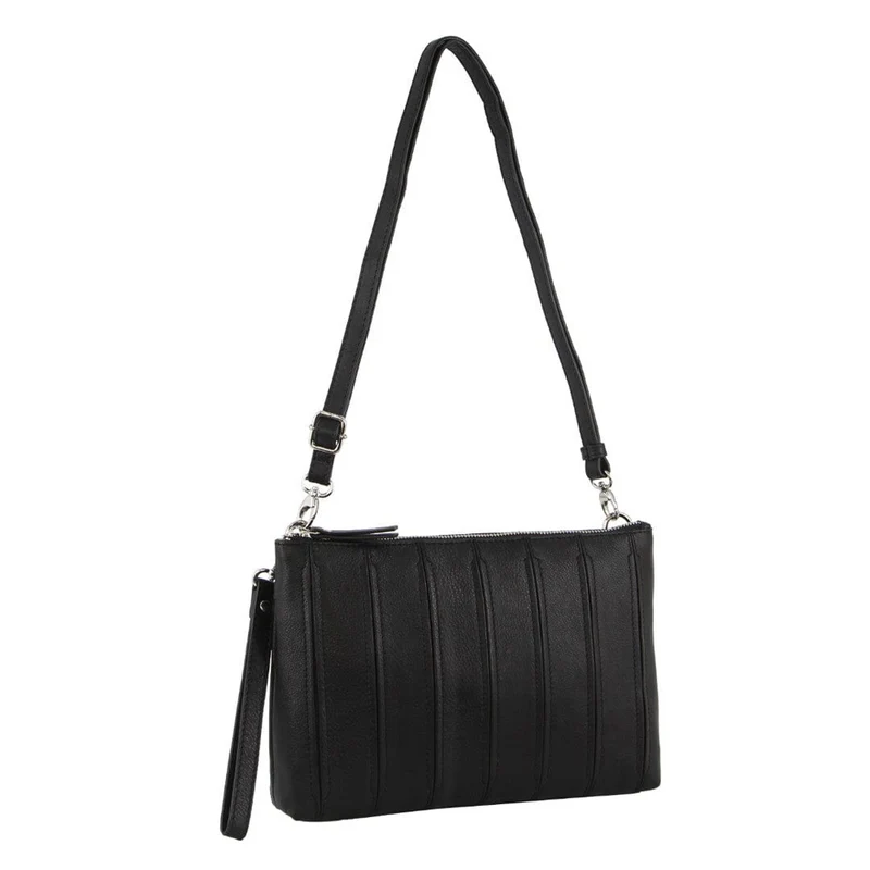 Pierre Cardin Women's Leather Stitch Design Shoulder Crossbody Bag 28cm Black