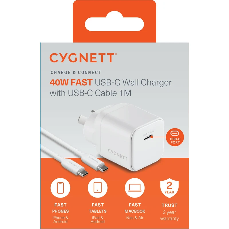 Cygnett Charge & Connect 40W Wall Charger with 1m C-C Cable (White)