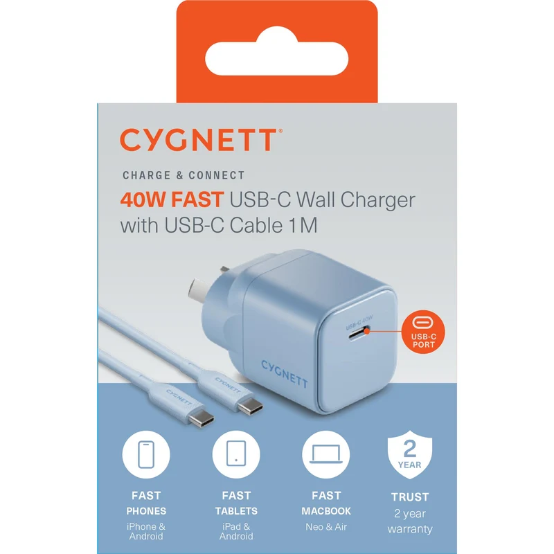 Cygnett Charge & Connect 40W Wall Charger with 1m C-C Cable (Blue)