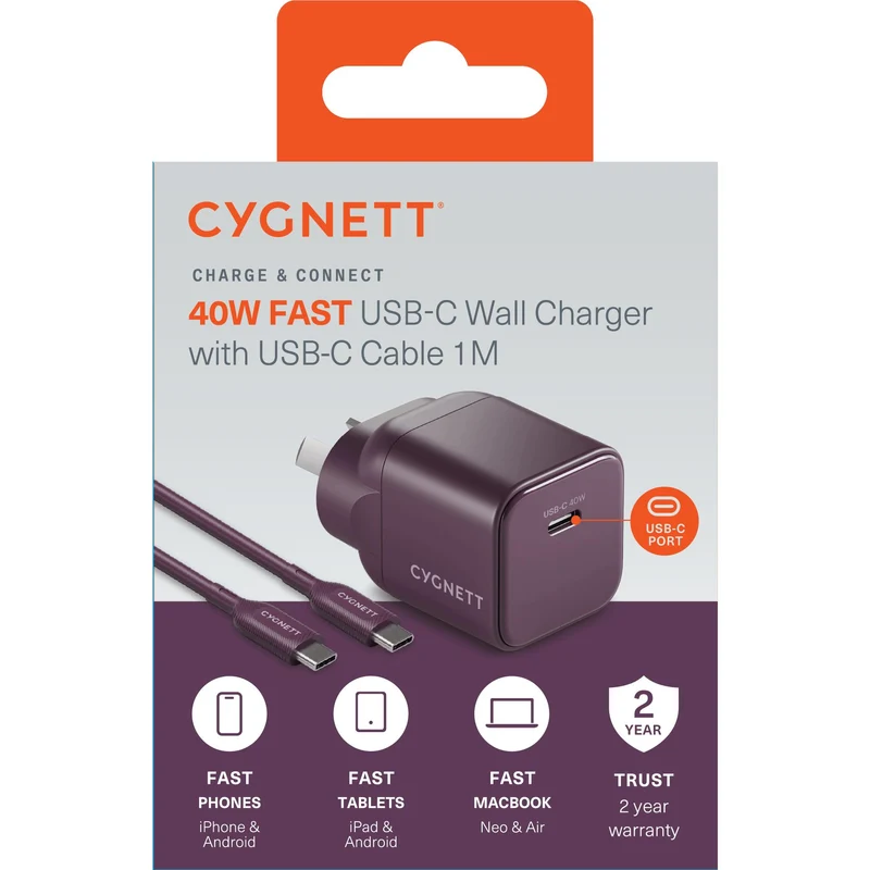 Cygnett Charge & Connect 40W Wall Charger with 1m C-C Cable (Cherry Noir)