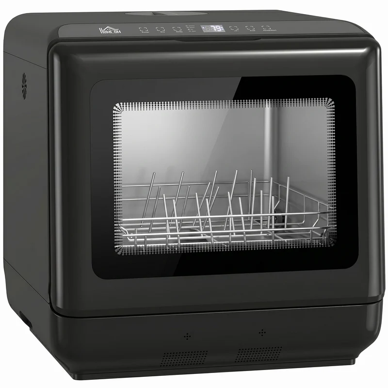 Bordopvaskemaskine med integreret 6-liters vandtank, 5 programmer, 4 kuverter, LED-display, sort