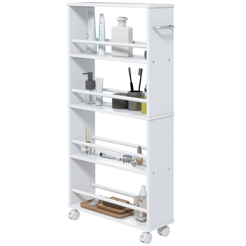 Multifunktionshylde med hjul, slankt design, 4 rum, 45 x 15 x 91 cm, hvid