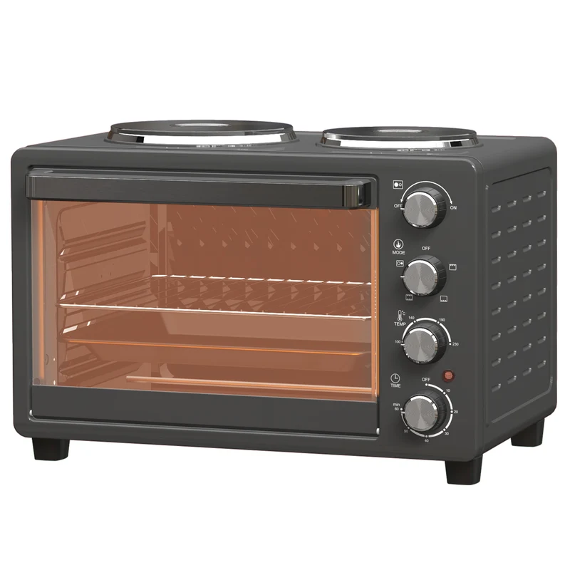 28 L brødristerovn, kompakt ovn til madlavning og grillning, elektrisk ovn med bageplade, grillrist, 2600w, sort
