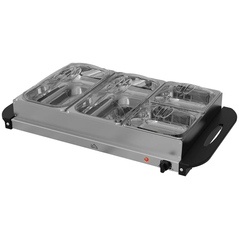 2-I-1 buffetvarmer 6,8l varmeplade 300 watt rustfrit stål madvarmer sølv