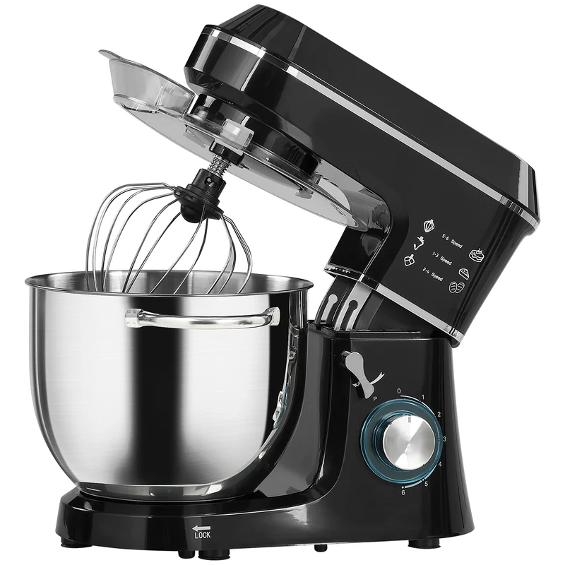 Foodprocessor/dejmixer med 7L skål i rustfrit stål, 1400W, vippehoved, dejkrog, piskeris, piskeris
