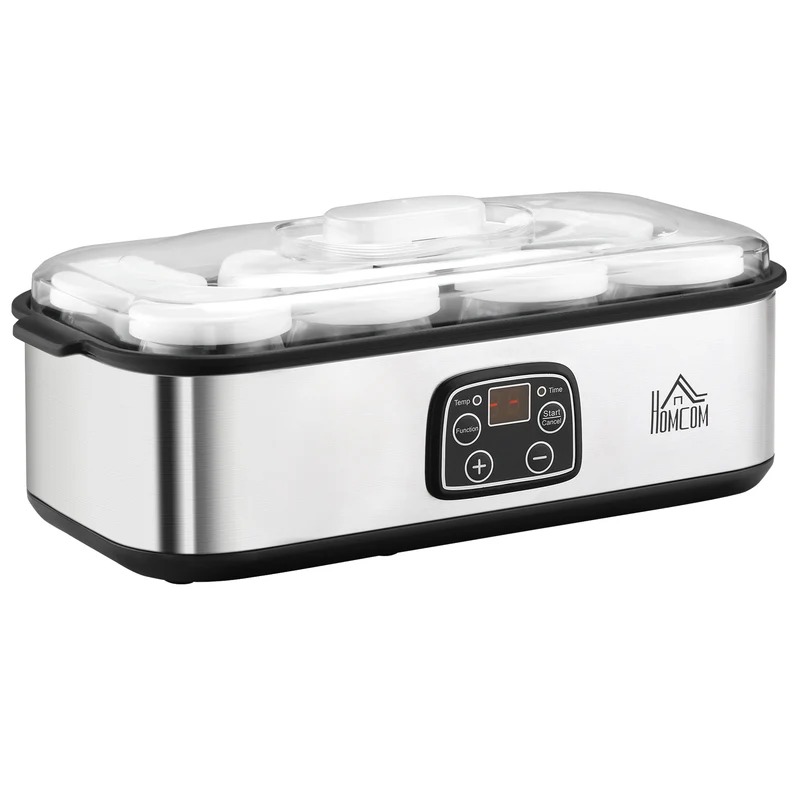 Græsk yoghurtmaskine med låg, 8 BPA-fri glasbeholdere (180 ml hver), med LCD-display og timer, til op til 1,4 liter yoghurt, 25 W, sølv