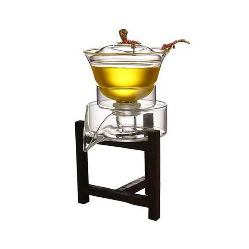 Glass Teapot with Wooden Shelf – Flower Design