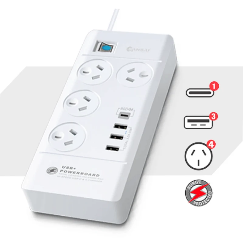 Sansai 4 Outlet Usb A And Usb C Powerboard With 20w Usb C Pd