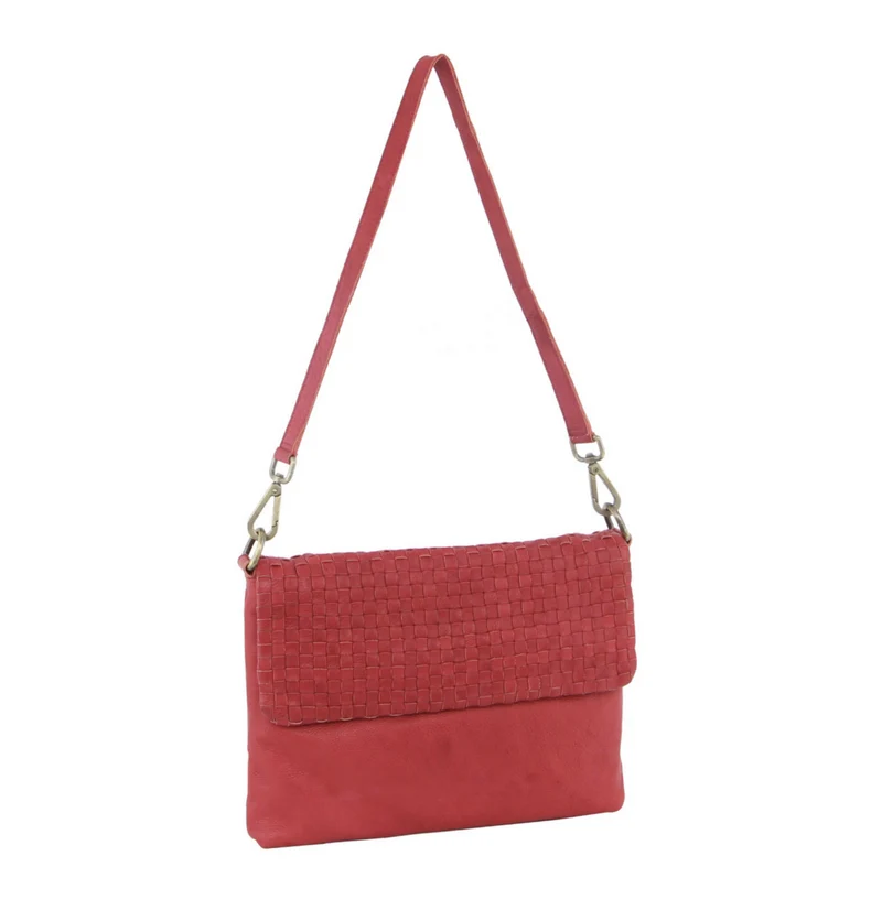 Pierre Cardin Womens Woven Leather Flap Cross-Body Bag/Clutch - Red