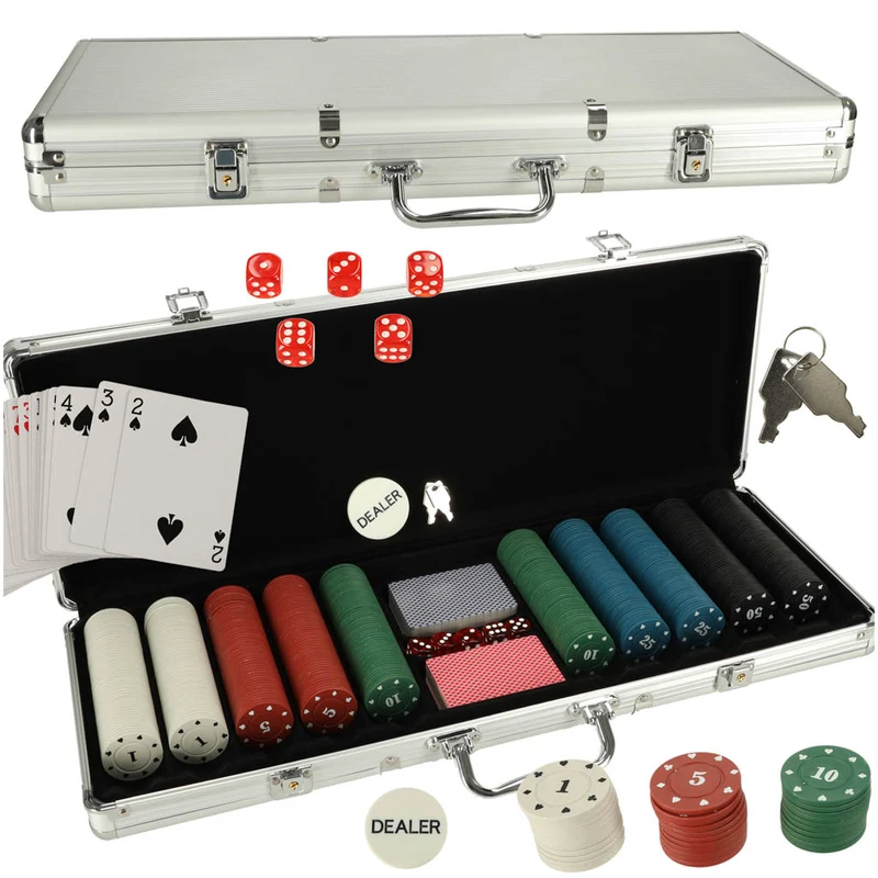 Pokerspilsæt i etui med 500 chips og 2 sæt kort.